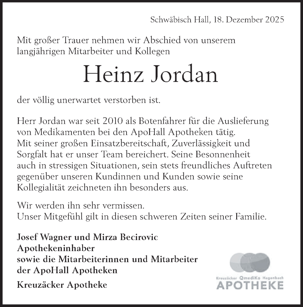  Traueranzeige für Heinz Jordan vom 27.12.2025 aus Haller Tagblatt