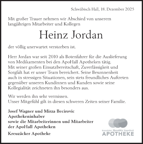 Traueranzeige von Heinz Jordan von Haller Tagblatt