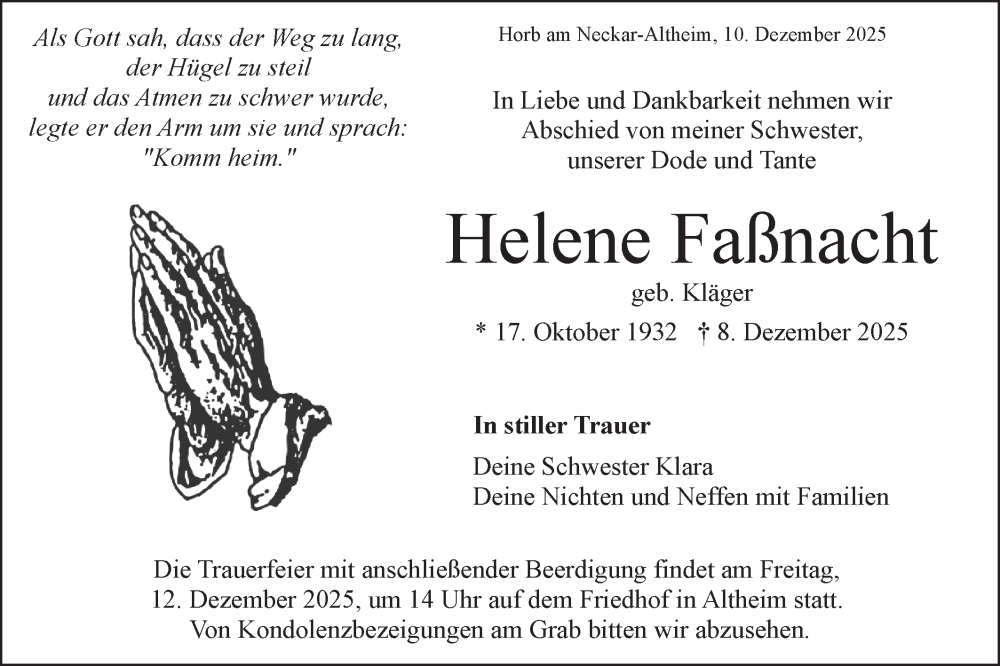  Traueranzeige für Helene Faßnacht vom 10.12.2025 aus Neckar-Chronik