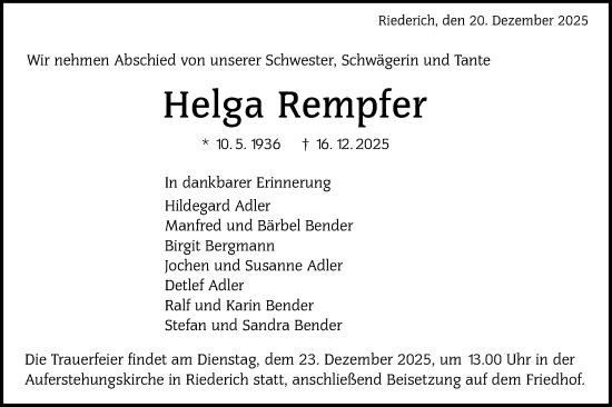 Traueranzeige von Helga Rempfer von Alb-Bote/Metzinger-Uracher Volksblatt