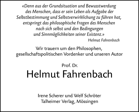 Traueranzeige von Helmut Fahrenbach von Schwäbische Tagblatt