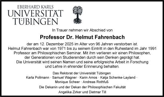 Traueranzeige von Helmut Fahrenbach von Schwäbische Tagblatt