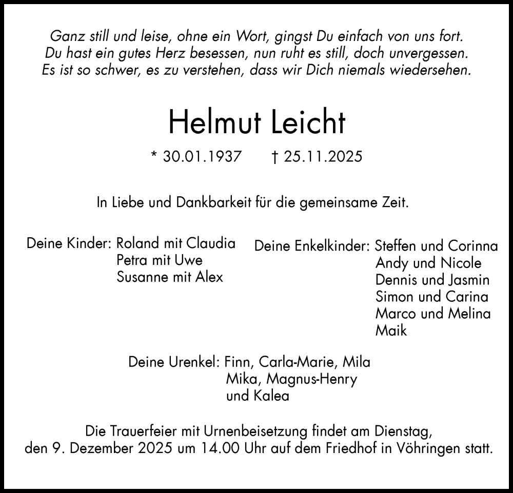  Traueranzeige für Helmut Leicht vom 05.12.2025 aus SÜDWEST PRESSE Zollernalbkreis/Hohenzollerische Zeitung
