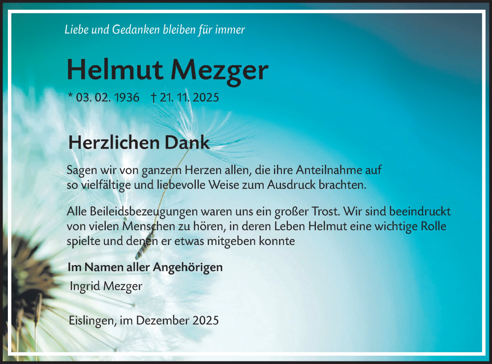  Traueranzeige für Helmut Mezger vom 20.12.2025 aus NWZ Neue Württembergische Zeitung