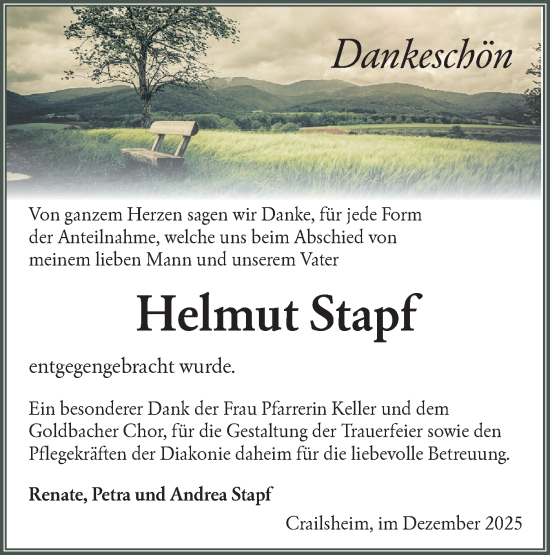 Traueranzeige von Helmut Stapf von Hohenloher Tagblatt