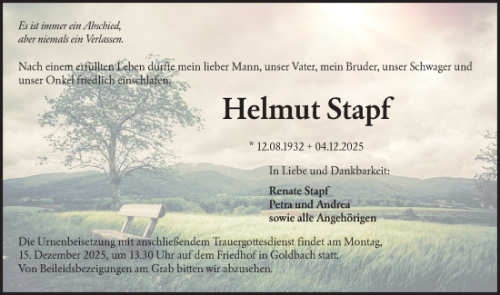 Traueranzeige von Helmut Stapf von Hohenloher Tagblatt