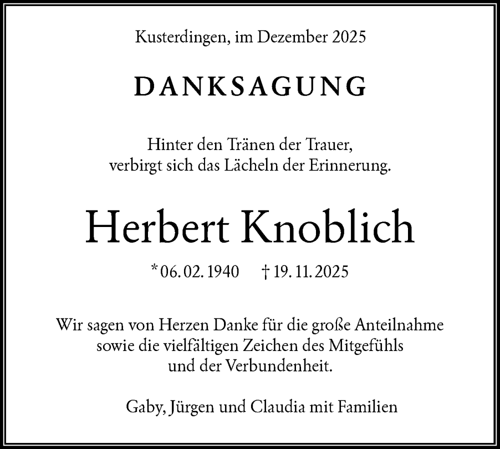  Traueranzeige für Herbert Knoblich vom 19.12.2025 aus Schwäbische Tagblatt