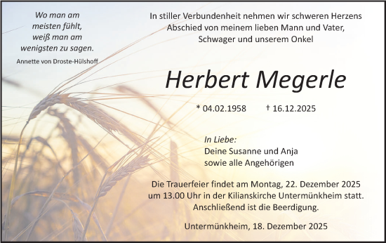 Traueranzeige von Herbert Megerle von Haller Tagblatt