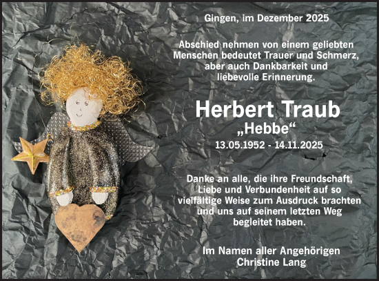 Traueranzeige von Herbert Traub von NWZ Neue Württembergische Zeitung/Geislinger Zeitung