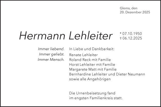 Traueranzeige von Hermann Lehleiter von Alb-Bote/Metzinger-Uracher Volksblatt