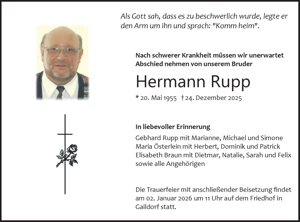  Traueranzeige für Hermann Rupp vom 30.12.2025 aus Haller Tagblatt/Rundschau Gaildorf