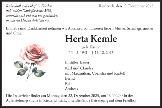 Traueranzeige von Herta Kemle von Alb-Bote/Metzinger-Uracher Volksblatt