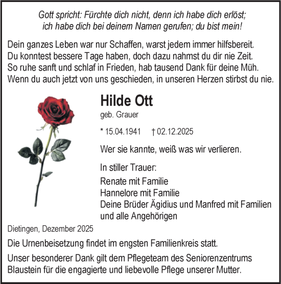 Traueranzeige von Hilde Ott von SÜDWEST PRESSE Ausgabe Ulm/Neu-Ulm