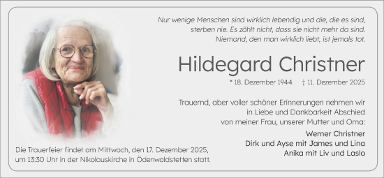 Traueranzeige von Hildegard Christner von Alb-Bote/Metzinger-Uracher Volksblatt
