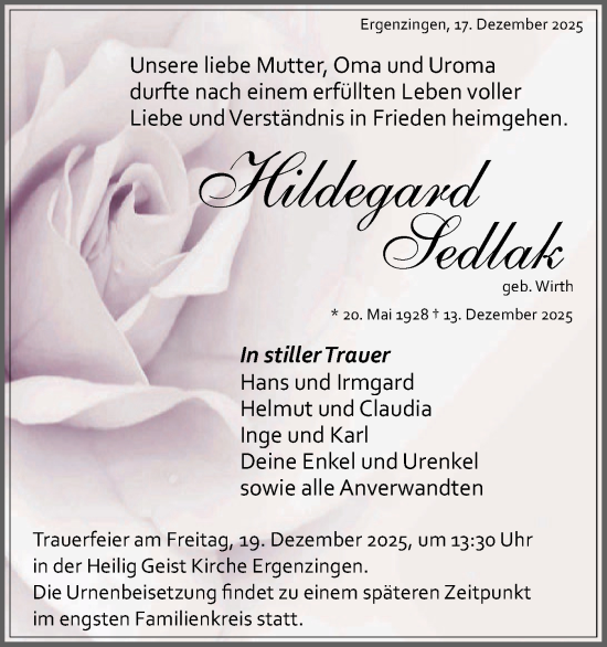 Traueranzeige von Hildegard Sedlak von Schwäbische Tagblatt