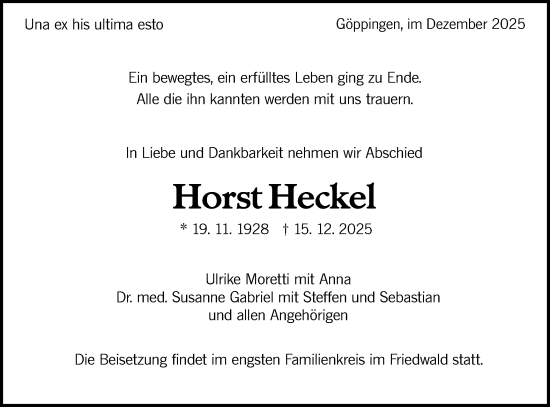 Traueranzeige von Horst Heckel von NWZ Neue Württembergische Zeitung