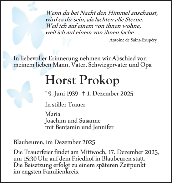 Traueranzeige von Horst Prokop von Das Blaumännle