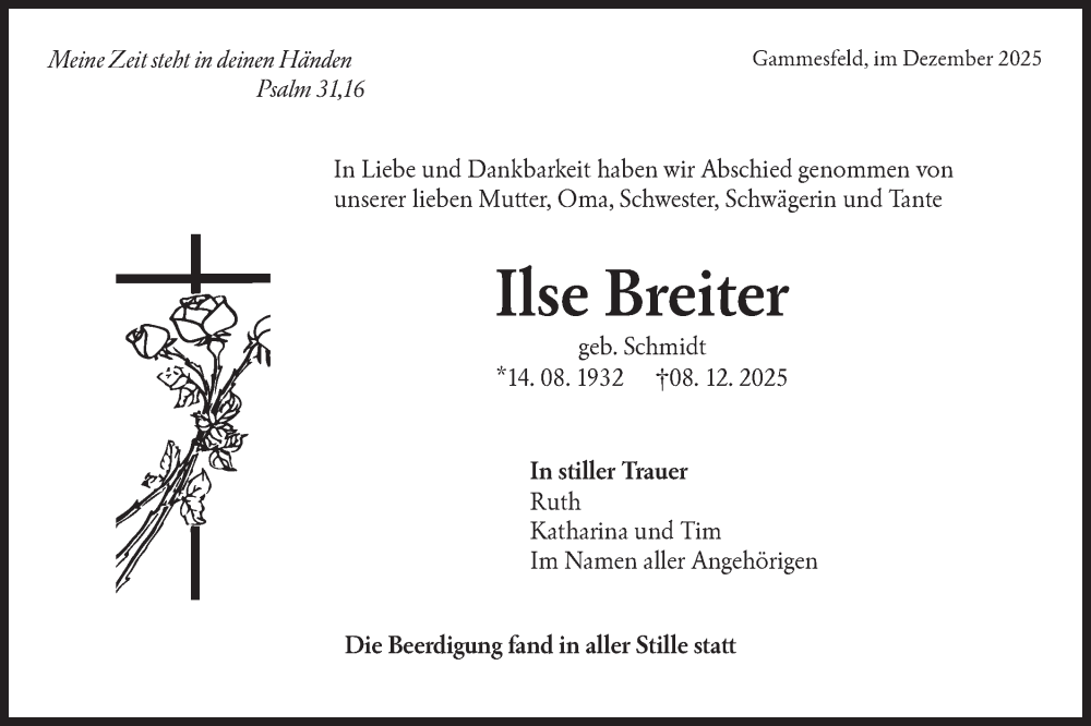  Traueranzeige für Ilse Breiter vom 16.12.2025 aus Hohenloher Tagblatt