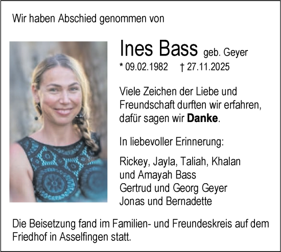 Traueranzeige von Ines Bass von SÜDWEST PRESSE Ausgabe Ulm/Neu-Ulm