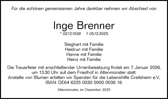 Traueranzeige von Inge Brenner von Hohenloher Tagblatt
