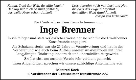 Traueranzeige von Inge Brenner von Hohenloher Tagblatt
