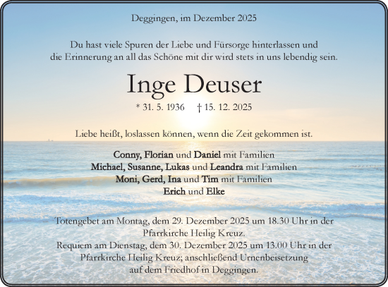 Traueranzeige von Inge Deuser von Geislinger Zeitung