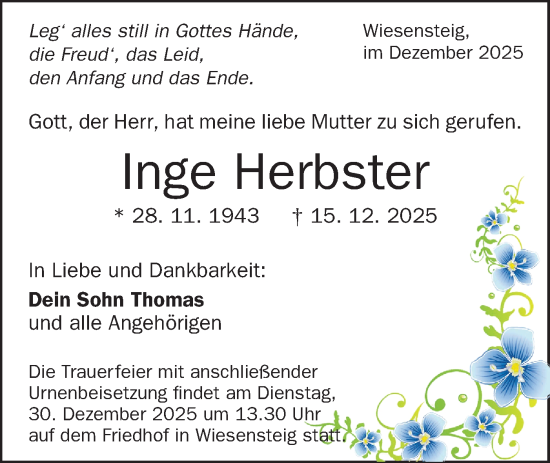 Traueranzeige von Inge Herbster von Geislinger Zeitung
