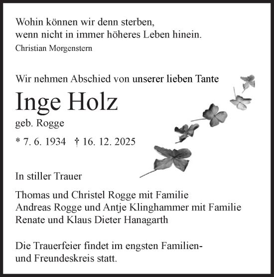 Traueranzeige von Inge Holz von Schwäbische Tagblatt