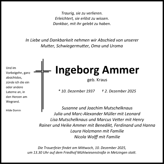 Traueranzeige von Ingeborg Ammer von Alb-Bote/Metzinger-Uracher Volksblatt