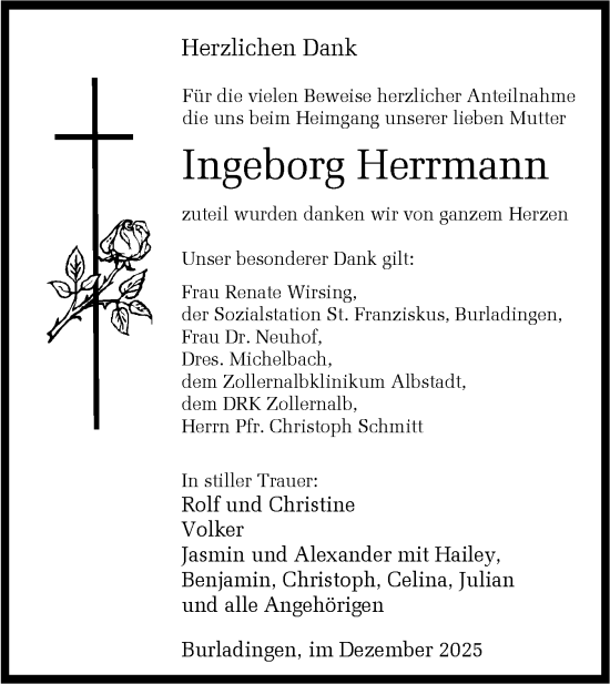 Traueranzeige von Ingeborg Herrmann von SÜDWEST PRESSE Zollernalbkreis/Hohenzollerische Zeitung