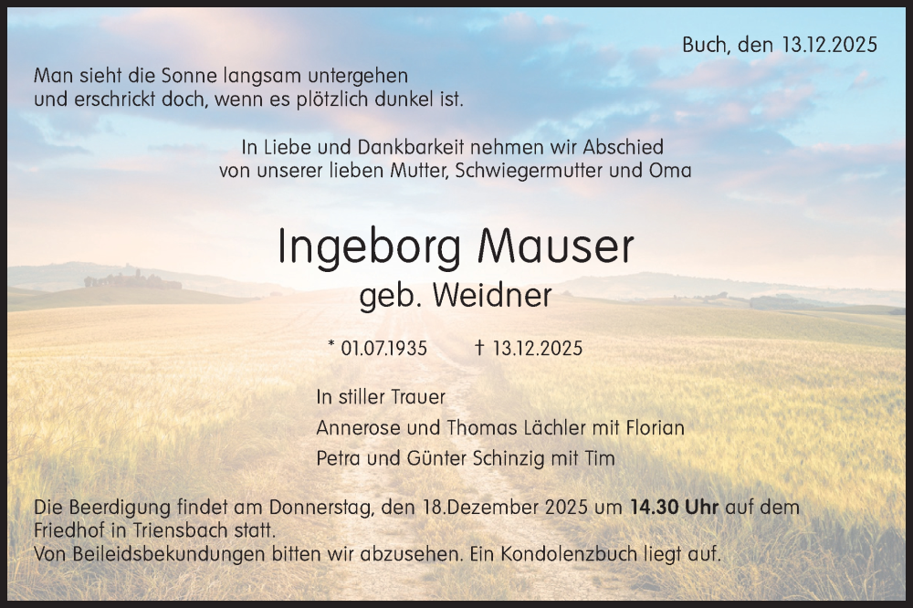  Traueranzeige für Ingeborg Mauser vom 17.12.2025 aus Hohenloher Tagblatt