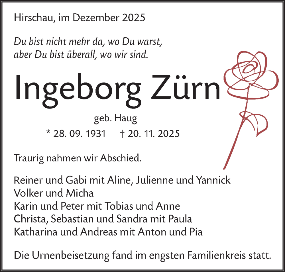  Traueranzeige für Ingeborg Zürn vom 20.12.2025 aus Schwäbische Tagblatt