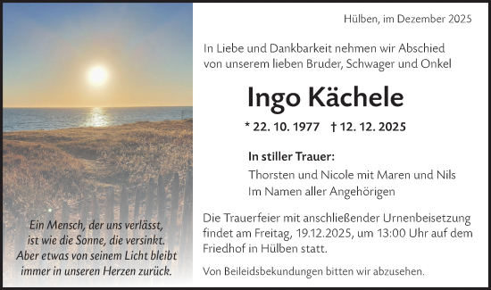 Traueranzeige von Ingo Kächele von Alb-Bote/Metzinger-Uracher Volksblatt