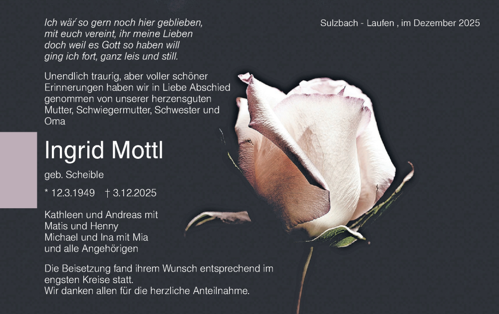  Traueranzeige für Ingrid Mottl vom 20.12.2025 aus Rundschau Gaildorf
