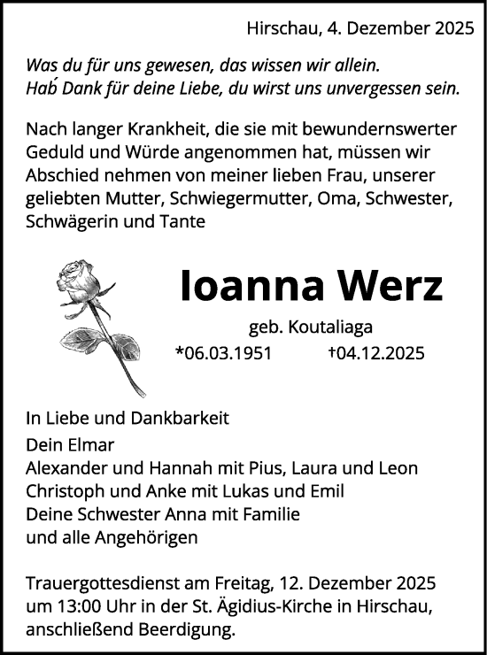 Traueranzeige von Ioanna Werz von Schwäbische Tagblatt