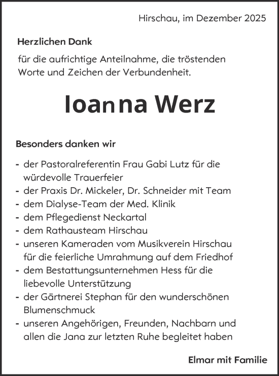 Traueranzeige von Ioanna Werz von Schwäbische Tagblatt