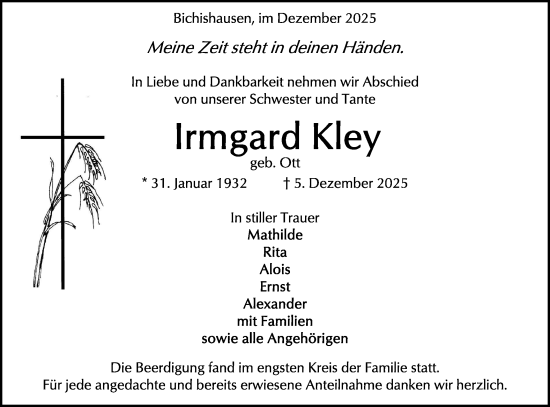 Traueranzeige von Irmgard Kley von Alb-Bote/Metzinger-Uracher Volksblatt