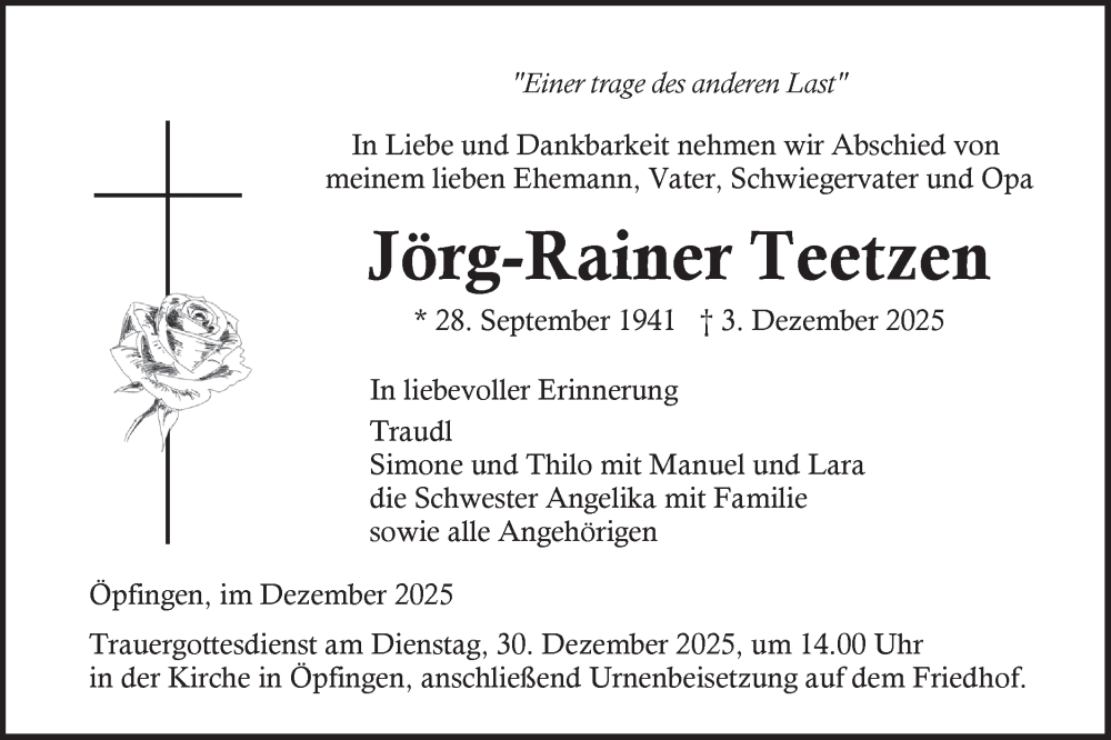  Traueranzeige für Jörg-Rainer Teetzen vom 27.12.2025 aus Ehinger Tagblatt
