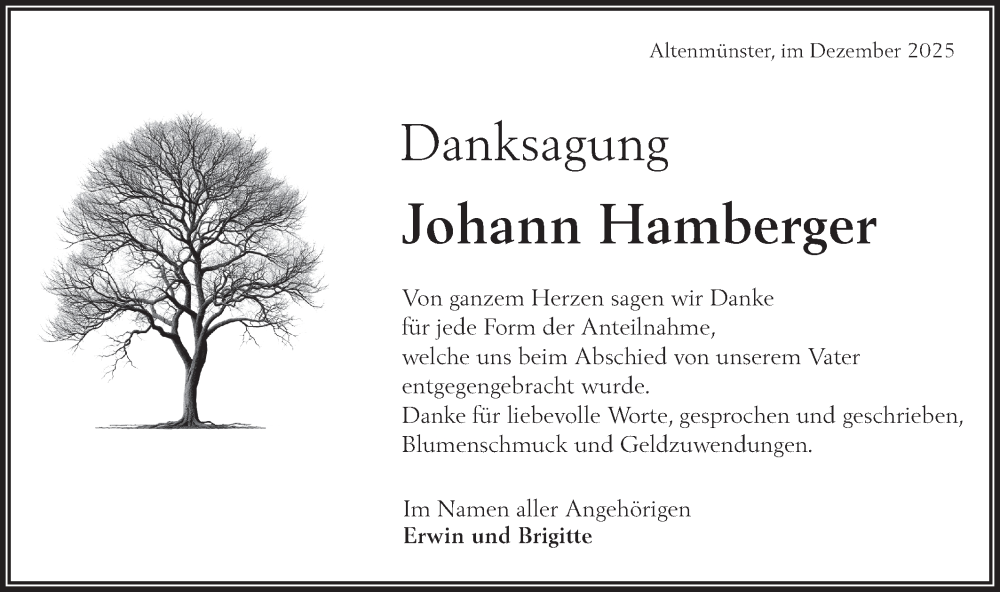  Traueranzeige für Johann Hamberger vom 20.12.2025 aus Hohenloher Tagblatt