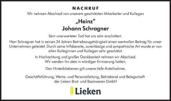 Traueranzeige von Johann Schragner von Hohenloher Tagblatt