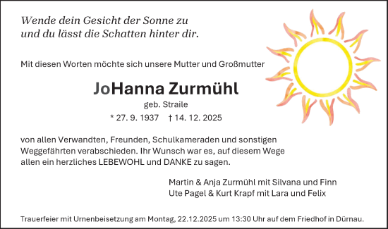 Traueranzeige von Johanna Zurmühl von NWZ Neue Württembergische Zeitung