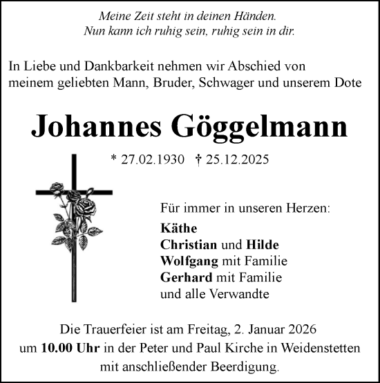 Traueranzeige von Johannes Göggelmann von SÜDWEST PRESSE Ausgabe Ulm/Neu-Ulm