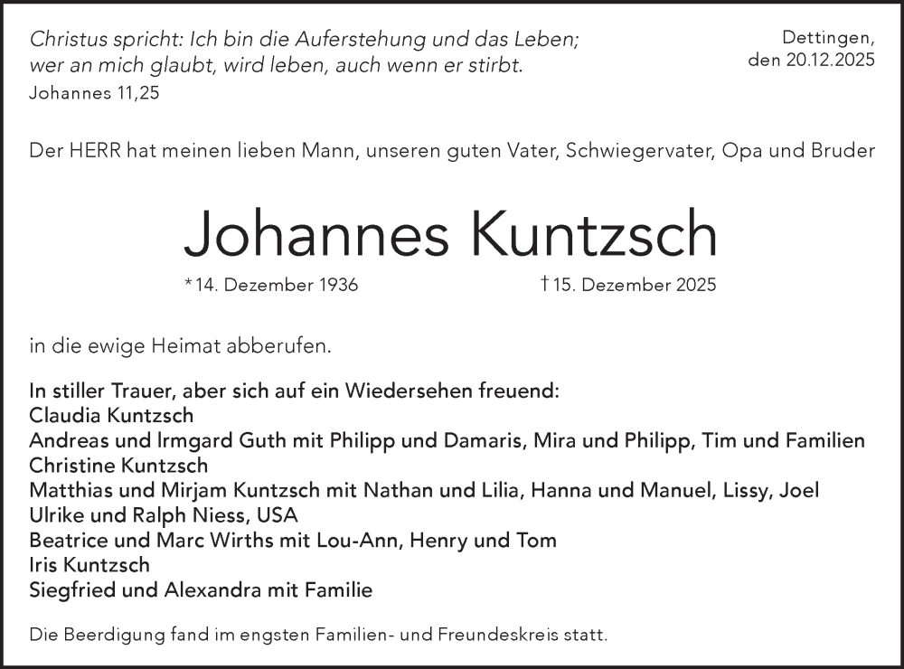  Traueranzeige für Johannes Kuntzsch vom 20.12.2025 aus Alb-Bote/Metzinger-Uracher Volksblatt