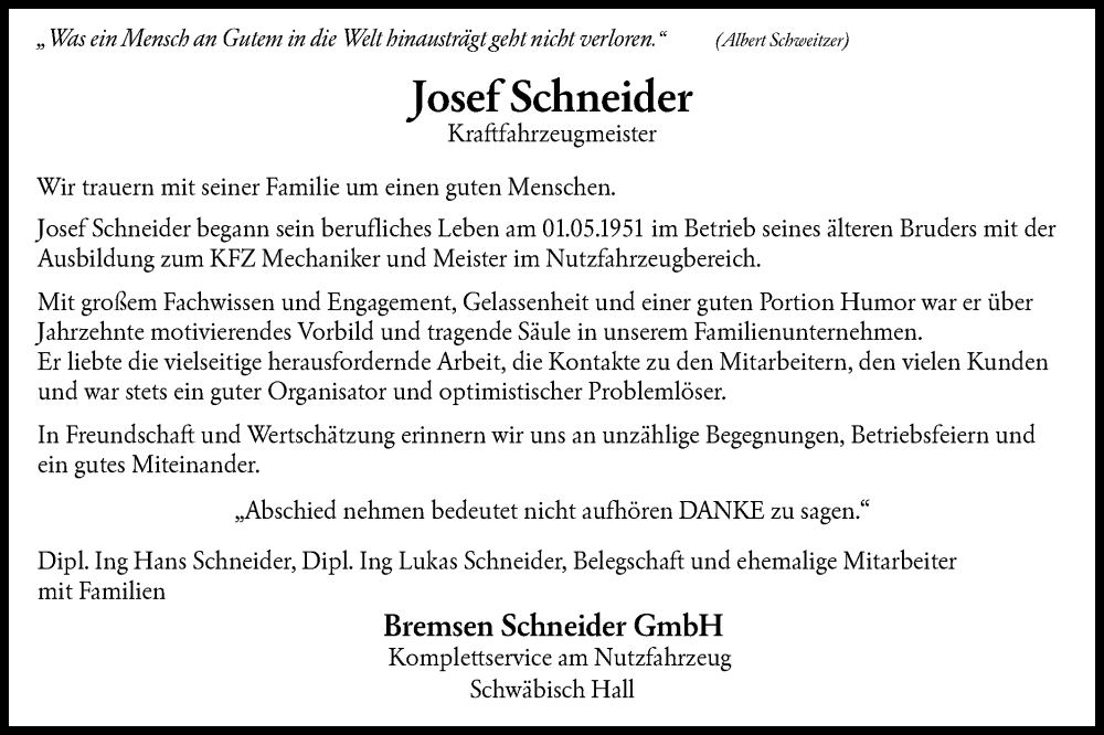  Traueranzeige für Josef Schneider vom 01.12.2025 aus Haller Tagblatt