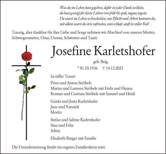 Traueranzeige von Josefine Karletshofer von SÜDWEST PRESSE Ausgabe Ulm/Neu-Ulm