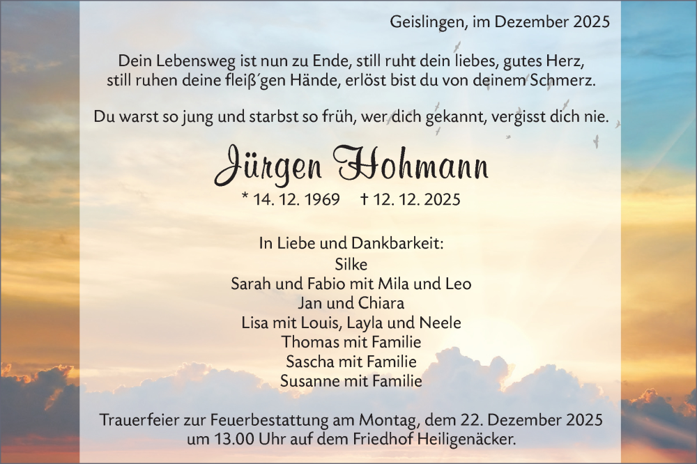  Traueranzeige für Jürgen Hohmann vom 16.12.2025 aus Geislinger Zeitung