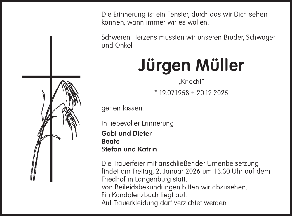  Traueranzeige für Jürgen Müller vom 29.12.2025 aus Hohenloher Tagblatt