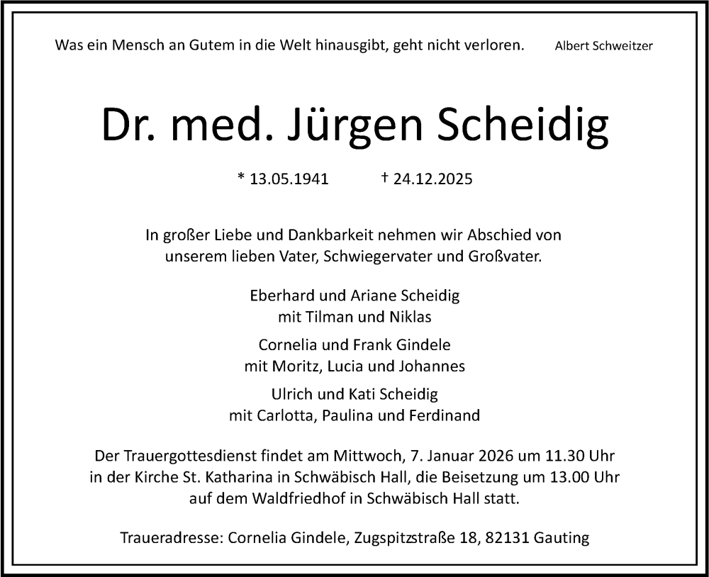  Traueranzeige für Jürgen Scheidig vom 30.12.2025 aus Haller Tagblatt