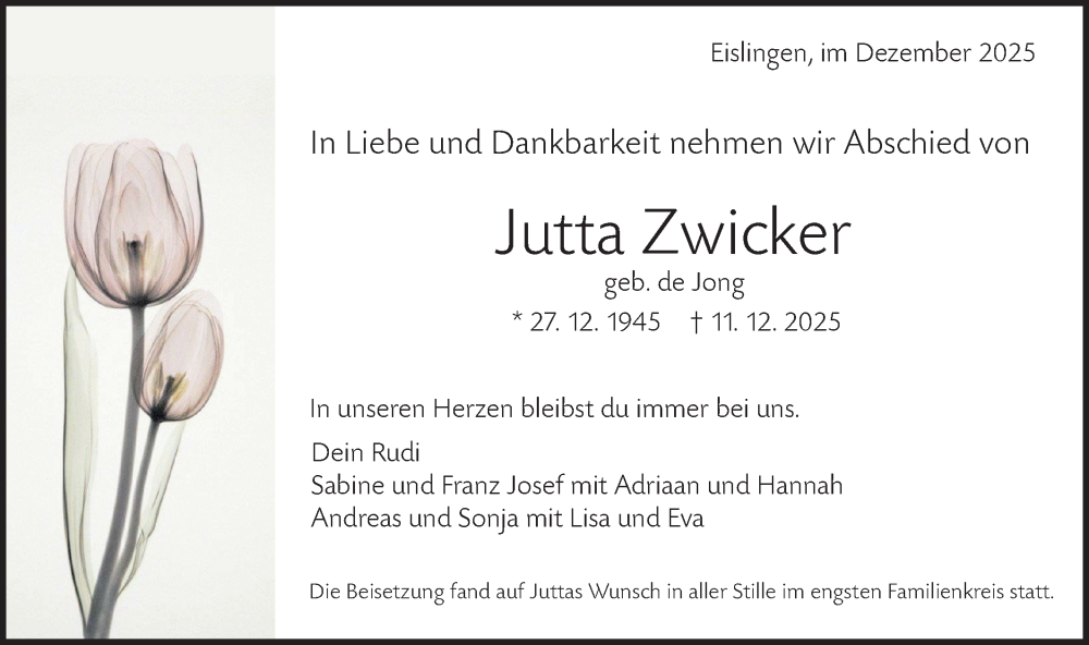  Traueranzeige für Jutta Zwicker vom 30.12.2025 aus NWZ Neue Württembergische Zeitung