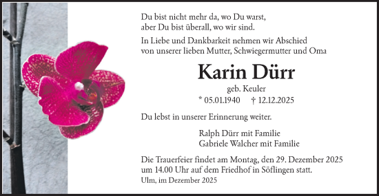 Traueranzeige von Karin Dürr von SÜDWEST PRESSE Ausgabe Ulm/Neu-Ulm